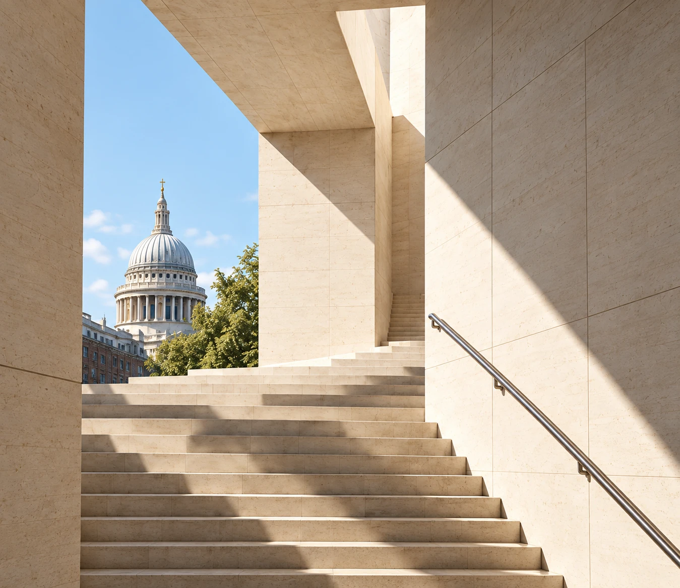 An empty sunlit limestone staircase with a view of London’s skyline